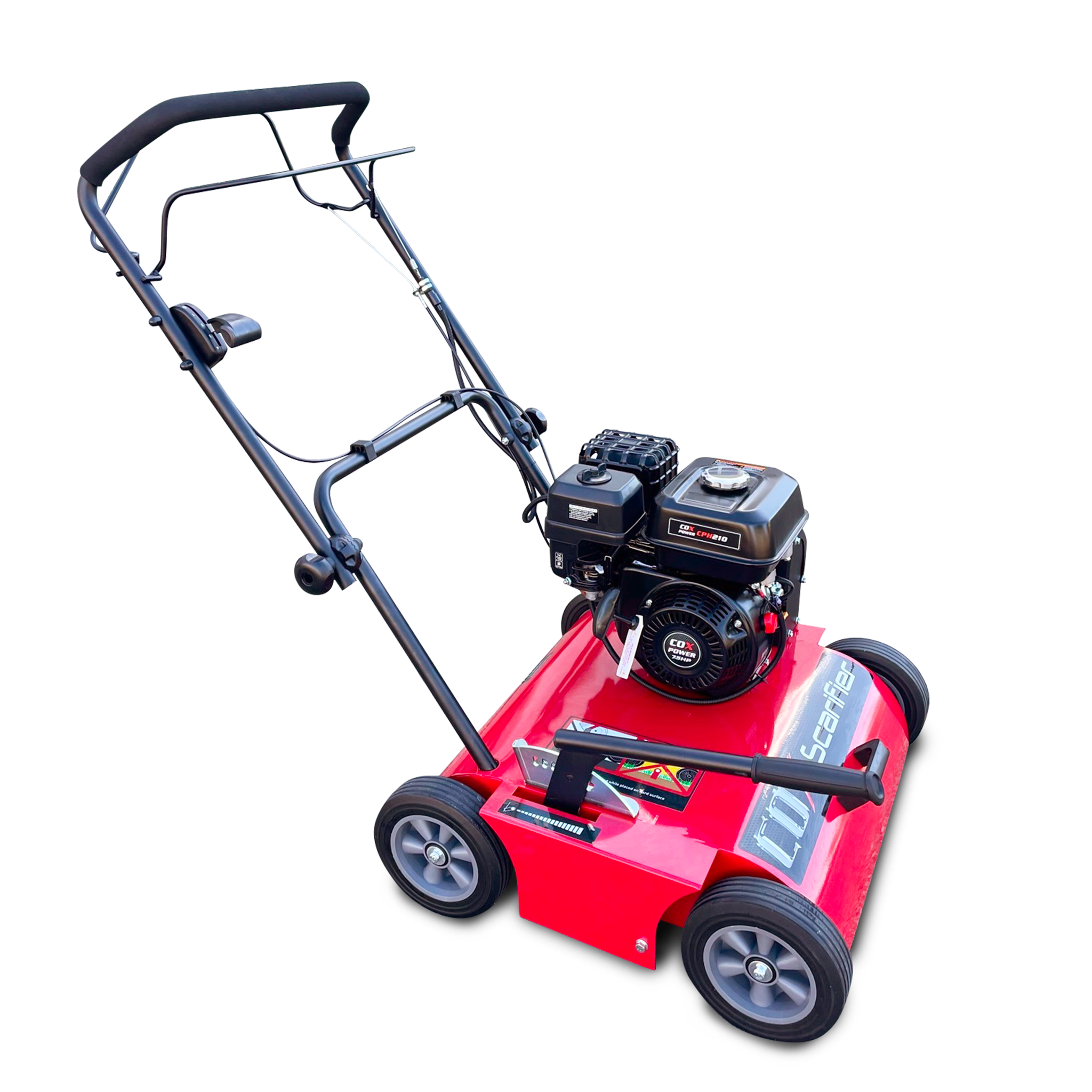 COX Mowers, close up right hand side image of a professional Scarifier mower built for your lawns.